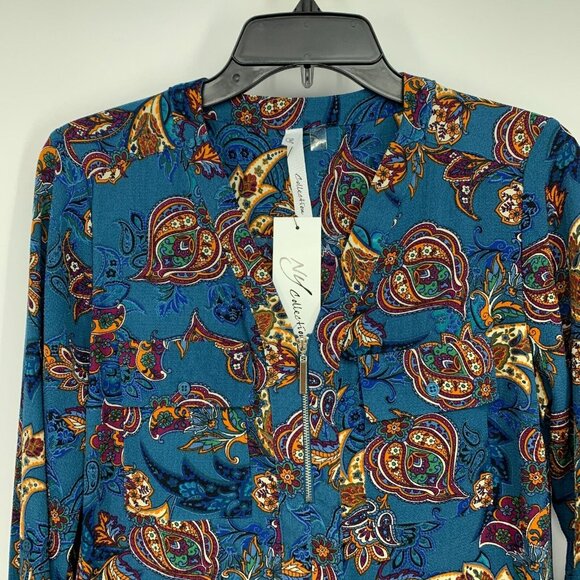 NY Collection Top Blue Floral Print Zip V Neck Roll Tab Sleeve - Picture 3 of 11